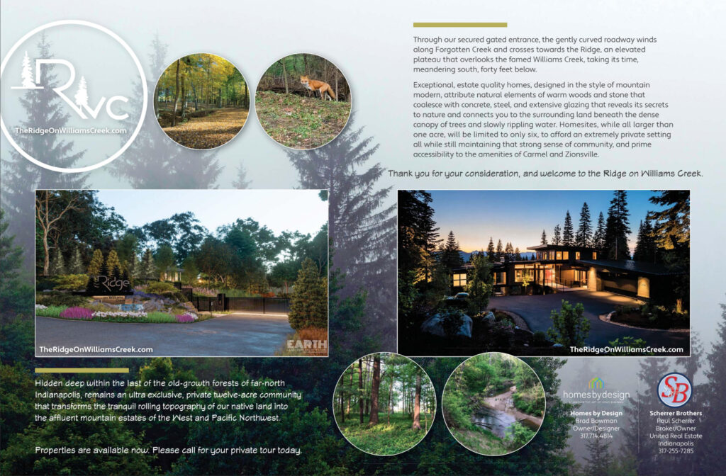 Advertisement for The Ridge on Williams Creek featuring images of a gated entrance, a modern home, and woodland scenes, with logos for Homes by Design and Scherrer Brothers.