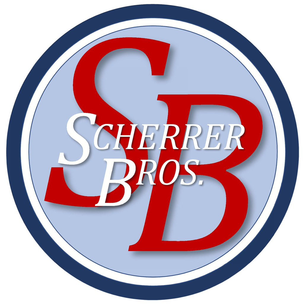 Scherrer Bros. logo featuring the initials SB in red and white text on a blue and gray circular background.