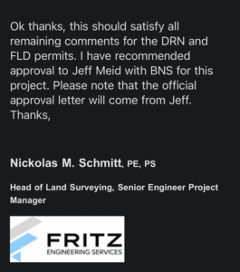 Screenshot of an email confirming the final approval for construction permits dated February 27th, 2024, with sensitive contact information redacted.